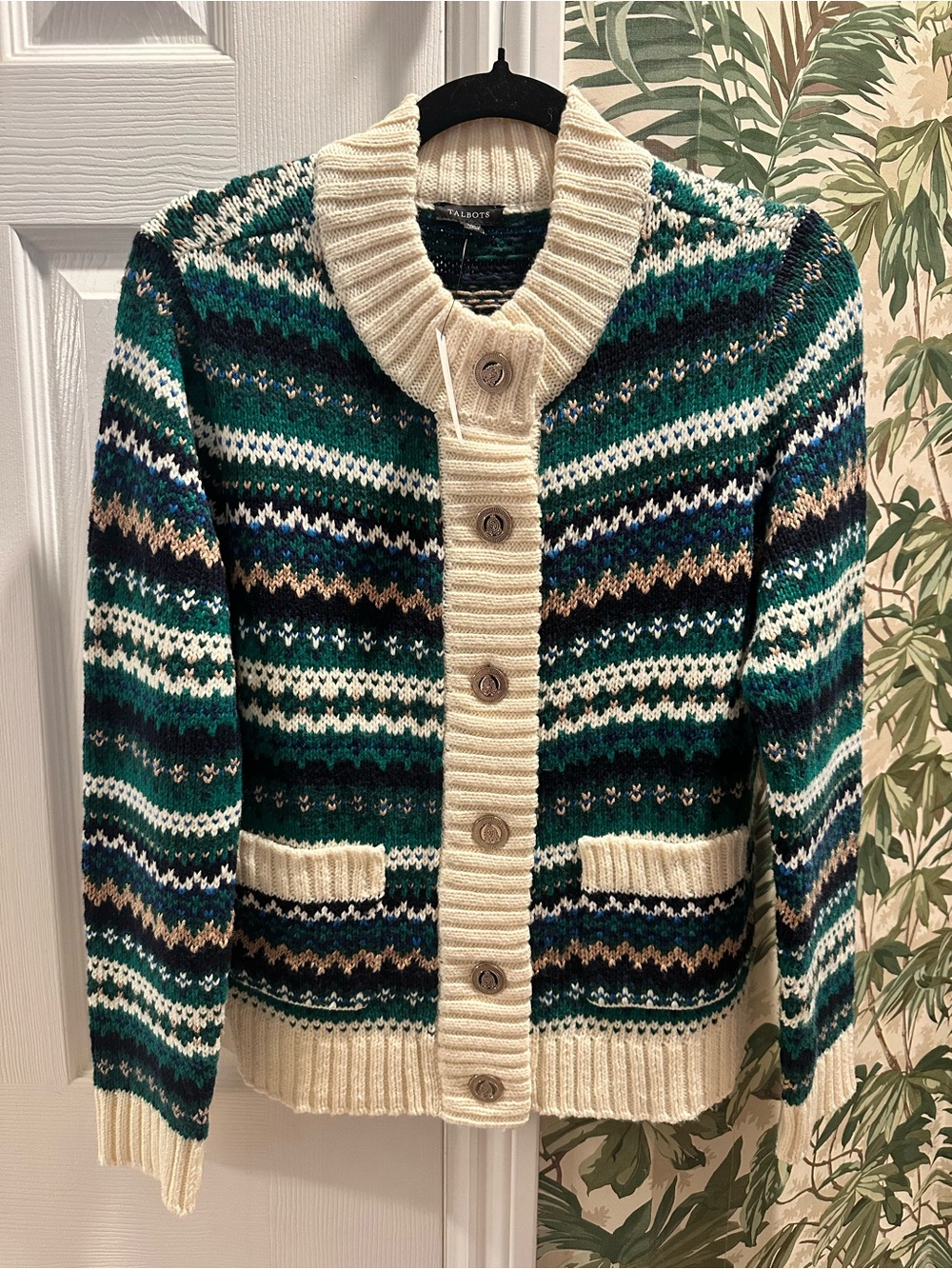 Talbots Green and Cream Fair Isle Button-Front Cardigan size S NWT